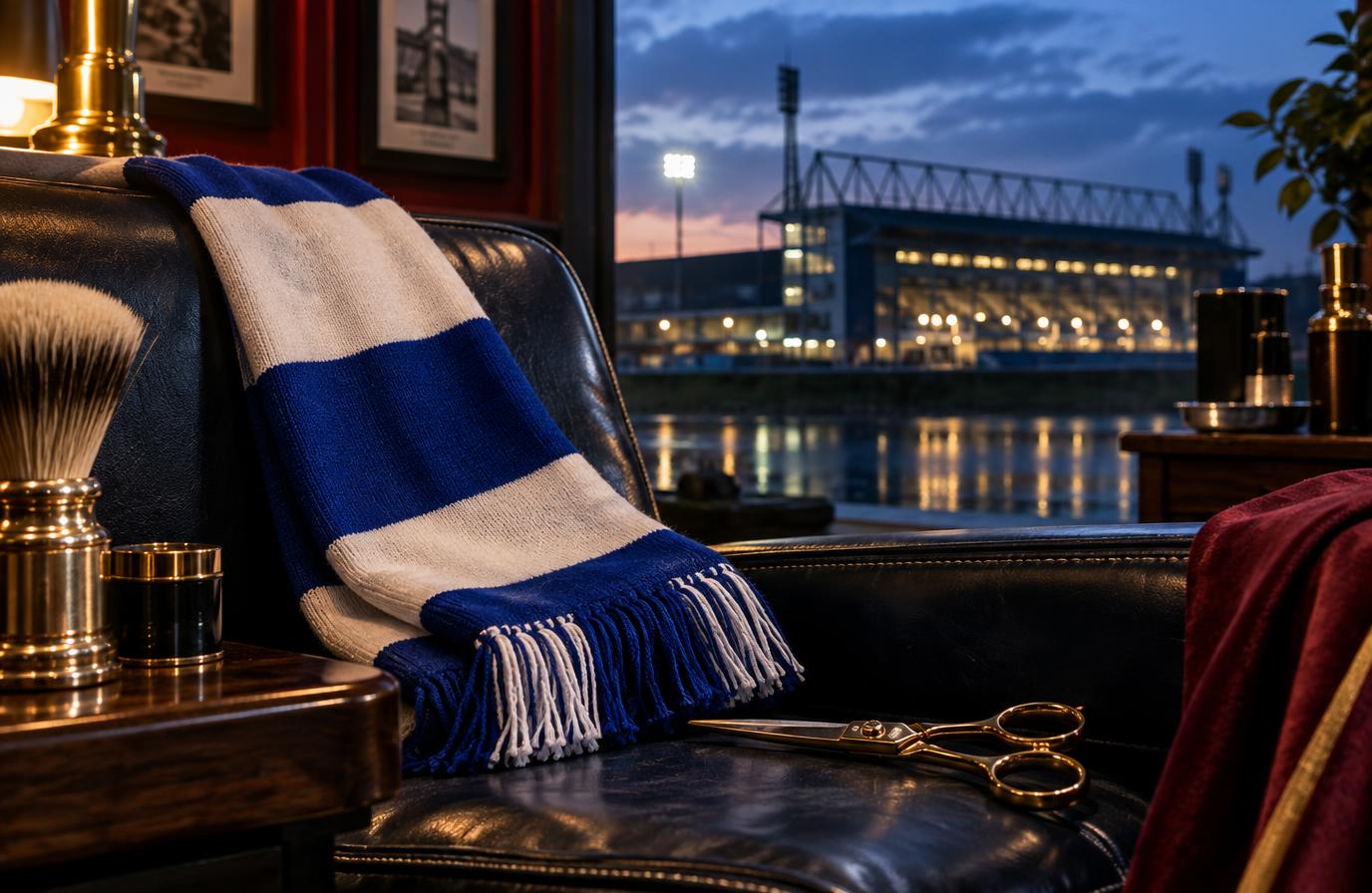 Blue and white Ipswich scarf with gold barber tools near Portman Road